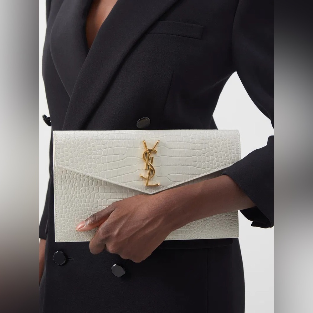 Yves Saint Laurent Cream Croc-Embossed Clutch